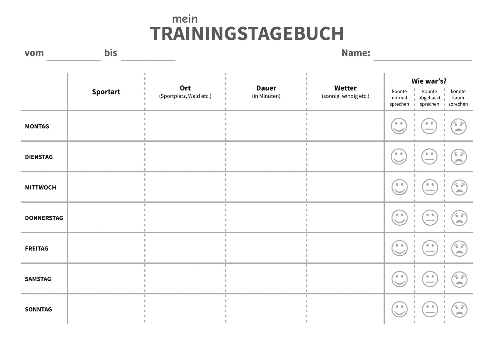 Trainingstagebuch - Vorlage für Kinder (Homeschooling / Grundschule)